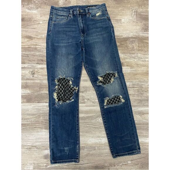 Blank NYC Straight Leg Jeans Distressed Fishnet Patches Women’s Sz 27 Waist - Picture 1 of 8